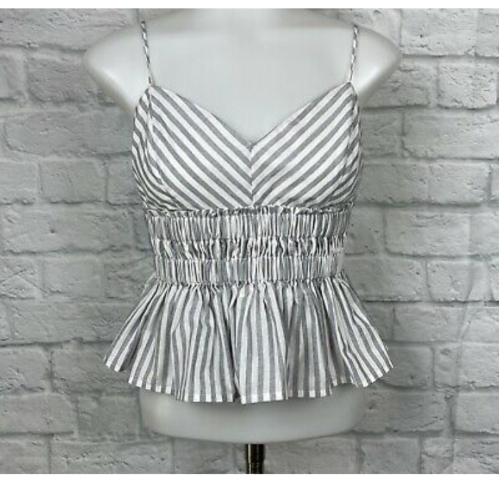 NEW Express Women Small Crop Top Striped Gray White Triangle Smocked Spa…